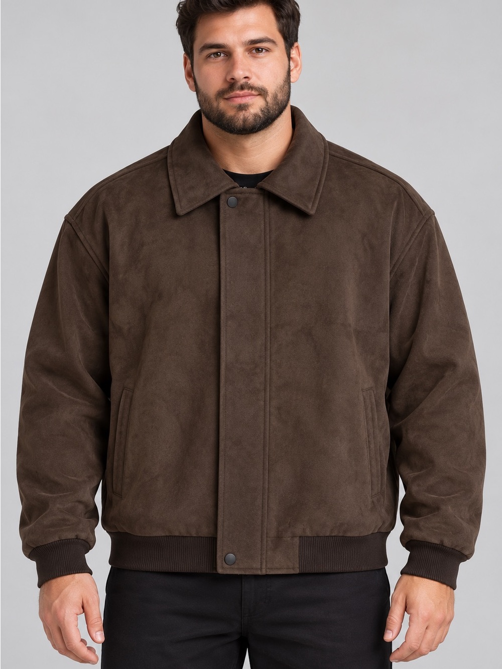 Men's Dark Brown Suede-Effect Bomber Jacket